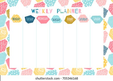 Cute and colorful weekly planner template with geometric abstract background for stationery, organizer for daily plans and schedules