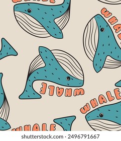 Cute colorful whale seamless print pattern graphic tee design for kids market as vector
