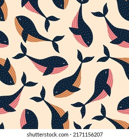 Cute colorful whales hand drawn vector illustration. Funny ocean animals seamless pattern for kids fabric or wallpaper.