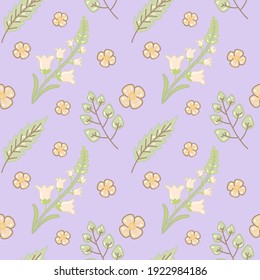 Cute colorful white, yellow flowers and leaves seamless pattern with violet background