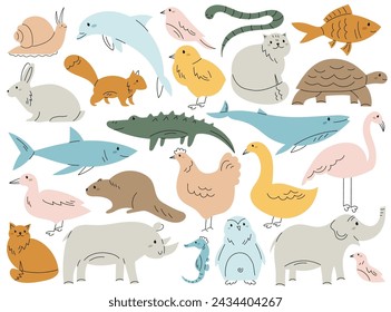 Cute colorful wild forest, zoo, underwater or farm animals and birds hand drawn set vector illustration. Collection of doodle nature inhabitant, wildlife fauna representatives isolated on white