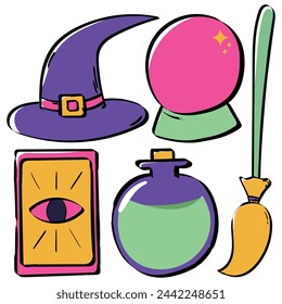 cute colorful witch icons set. magic, mistic forecast, horror. simple funny hand drawn flat simple vector illustrations