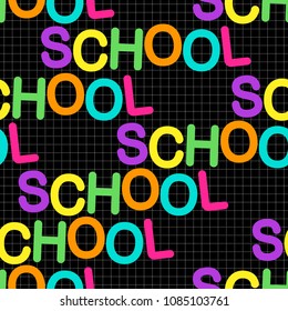 Cute colorful word School typographic seamless pattern with mulicolored letters