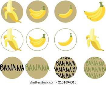 Cute colorful yellow banana icons. Food icons for cafes, restaurants, and menus. Banana vector illustrations.