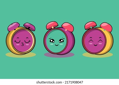 cute colorfull kawaii clock cartoon characters vector set