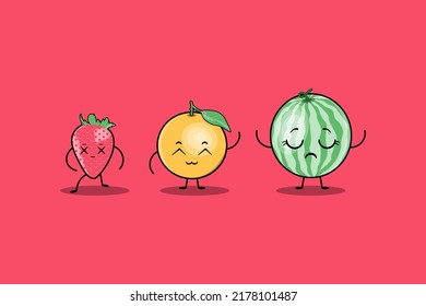 cute colorfull kawaii fruits cartoon characters vector set with many expression
