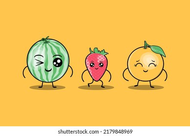 cute colorfull kawaii fruits cartoon characters vector set with many expression