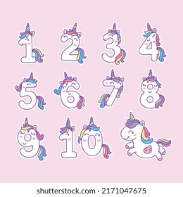 Cute colorfull Unicorn numbers illustration for birthday party