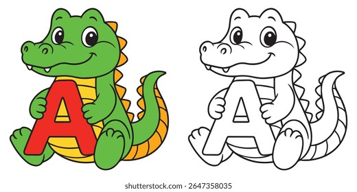 Livro de cores bonito bebê jacaré Cartoon segurando uma ilustração de letra de alfabeto