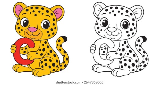 Livro de cores bonito bebê Chita Cartoon segurando um alfabeto C Letra Ilustração