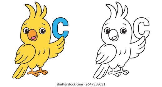 Cute Coloring Book Baby Cockatoo Bird Cartoon Segurando um alfabeto C Letra Ilustração