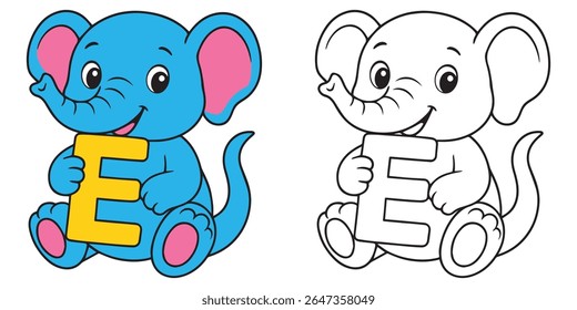 Cute Coloring Book Baby Elephant Cartoon Holding a E Alphabet Letter Illustration
