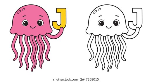 Cute Coloring Book Baby Jellyfish Cartoon Holding a J Alphabet Letter Illustration