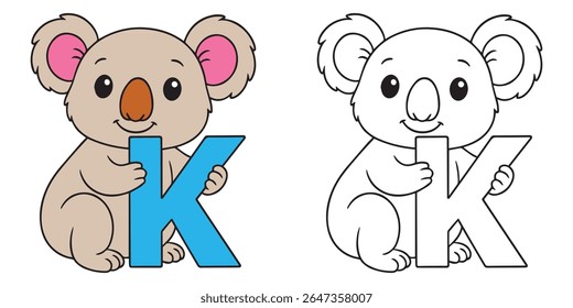 Livro de cores bonito Baby Koala Cartoon segurando uma ilustração de letra K alfabeto