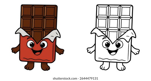 Cute coloring book cartoon of a chocolate bar unwrapped halfway on a white background illustration
