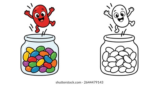 Cute coloring book cartoon of a jellybean jumping into a candy jar vector illustration