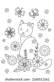 Cute coloring book with cat in flowers. Simple shapes, outline for children and adults. Vector illustration with editable stroke.