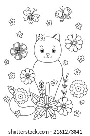 Cute coloring book with cat in flowers. Simple shapes, outline for children and adults. Vector illustration with editable stroke.