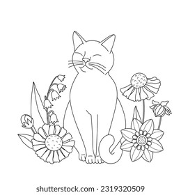 Cute coloring book with cat in flowers. Simple shapes, outline for children and adults. Vector illustration.