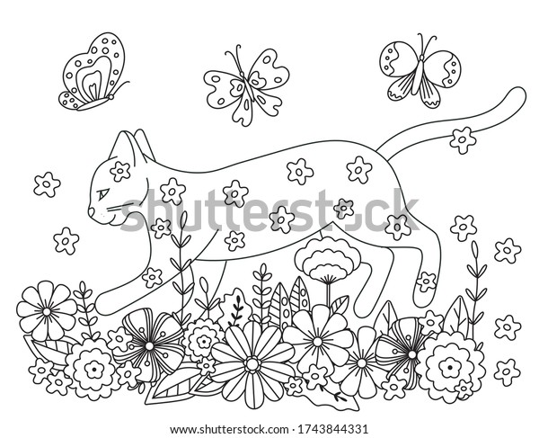 Cute Coloring Book Cat Flowers Simple Stock Vector (Royalty Free ...
