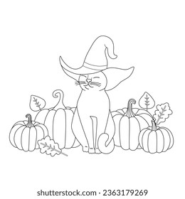 Cute coloring book with cat with hat and pumpkins. Autumn halloween atmosphere. Simple vector illustration.