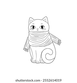 Cute coloring book with cat inbig scarf. Winter vector illustration for children