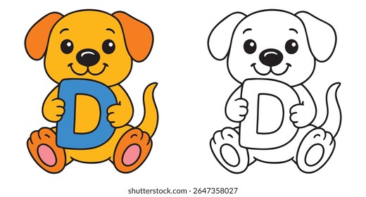 Cute Coloring Book Dog Cartoon Holding a D Alphabet Letter Illustration