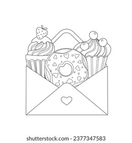 Cute coloring book with envelope and cupcakes, donut. Outline, cake sketch, black and white vector.