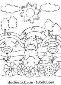 Cute coloring book with a funny bull, sun, flowers and trees. Black sketch, simple shapes, silhouettes, contours and lines. Children's fairy tale vector illustration.