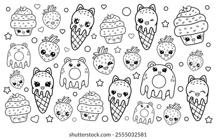 Cute coloring book of funny characters in kawaii style. Vector isolated illustration