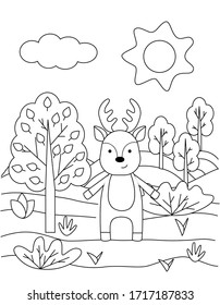 Cute coloring book with funny deer, sun, grass, trees. For the youngest children. Black sketch, simple shapes, silhouettes, contours, lines. Children's fairy tale vector illustration.