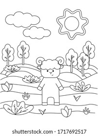 Cute coloring book with a funny lamb, sun, grass, trees. For the youngest kids. Black sketch, simple shapes, silhouettes, contours, lines. Children's fairy tale vector illustration.