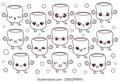 Cute coloring book with funny marshmallows in kawaii style.Vector coloring book of characters on a white background