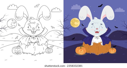 Cute coloring book - happy white rabbit dressed as dracula in a big pumpkin. Halloween. Autumn holidays. Cute, vector, childish illustration