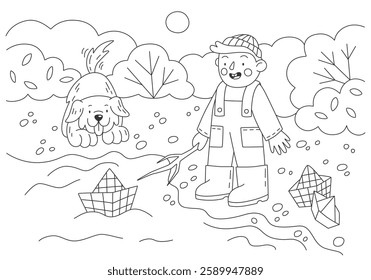 Cute coloring book illustration. Boy launches a paper boat with dog on the beach. Vector template for children hobby, vector printable worksheets for preschool.