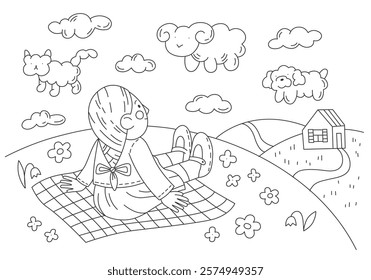 Cute coloring book illustration. Girl sitting on grass and watching clouds in shapes of animals. Vector template for children hobby