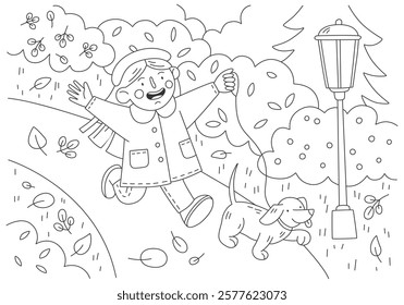 Cute coloring book illustration. Girl running with dog in the autumn park. Vector template for children hobby