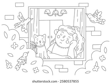 Cute coloring book illustration. Girl with cat looking out the window on a spring day. Vector template for children hobby