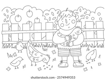 Cute coloring book illustration. Little boy with hens and chickens on farm. Vector template for children hobby