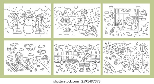 Cute coloring book illustrations set. Boys and girls walk, play, relax. Six vector templates for children hobby, collection of printable worksheets for preschool.