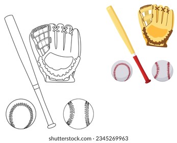 Cute coloring book - items for playing baseball. Coloring book for children. Cute vector illustration.