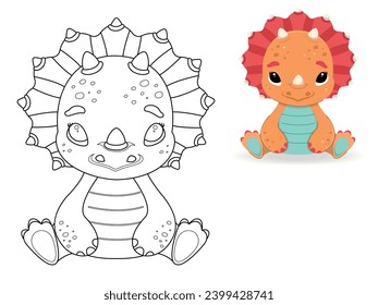 Cute coloring book - cute, little Triceratops. Teaching children, prehistoric. Cute, vector, illustration.