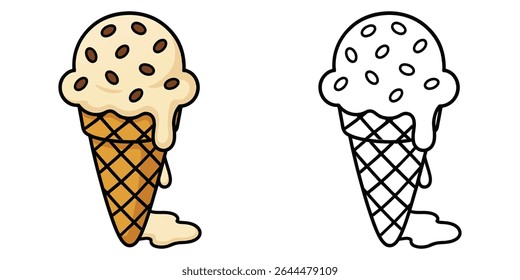 Cute coloring book of a melting ice cream cone with chocolate chips vector illustration
