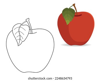 Cute coloring book - red apple with green leaf. Cartoon children's illustration.
