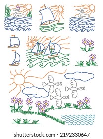 Cute coloring book simple shapes for kids. Vector cartoon illustration. Hand drawn learning page to drawing antistress. Birds sea flowers. Felt-tip pen pencil