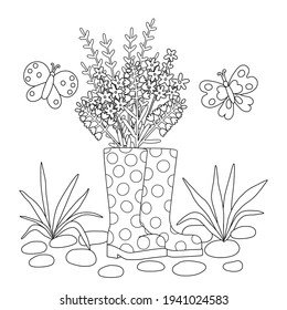 Cute coloring book with a spring bouquet in boots. Black outline of shoes, flowers and butterflies on a white background. Vector illustration for adults and children.