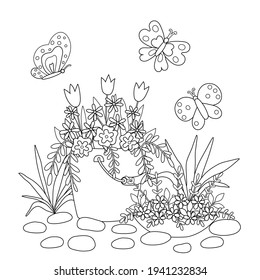 Cute coloring book with spring garden bouquets. Black outline of flowers and butterflies on a white background. Vector illustration for adults and children.