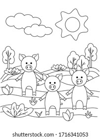 Cute coloring book with three funny piglets, sun, grass, trees. For the youngest children. Black sketch, simple shapes, silhouettes, contours, lines. Children's fairy tale vector illustration.