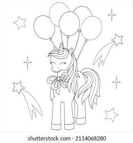 Cute coloring book with unicorn, balloons and stars. A horse with horn celebrates birthday. Black outline, sketch, doodle, vector illustration.
