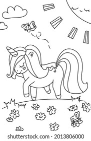 Cute coloring book with a unicorn on a field of flowers and butterflies on an isolated background.